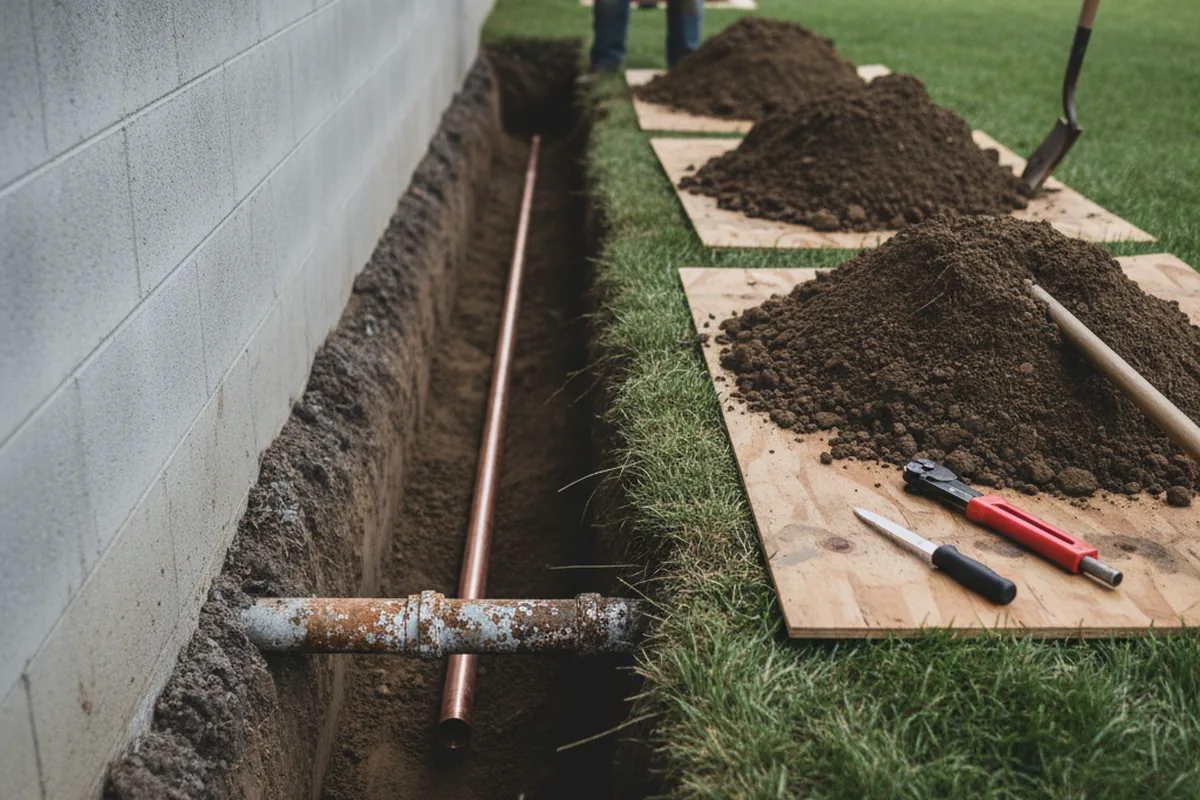 Excavated water line trench during Water Softener Installation in Hurleyville